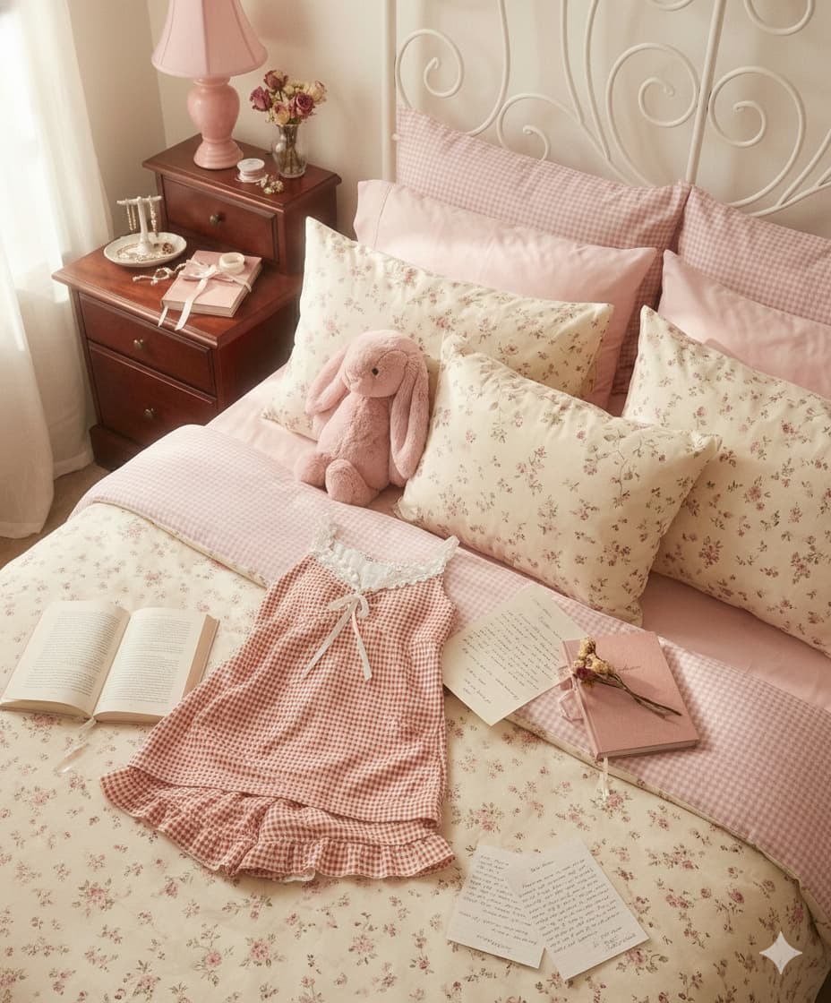 Bedroom with floral bedding, pink lamp, and stuffed animal