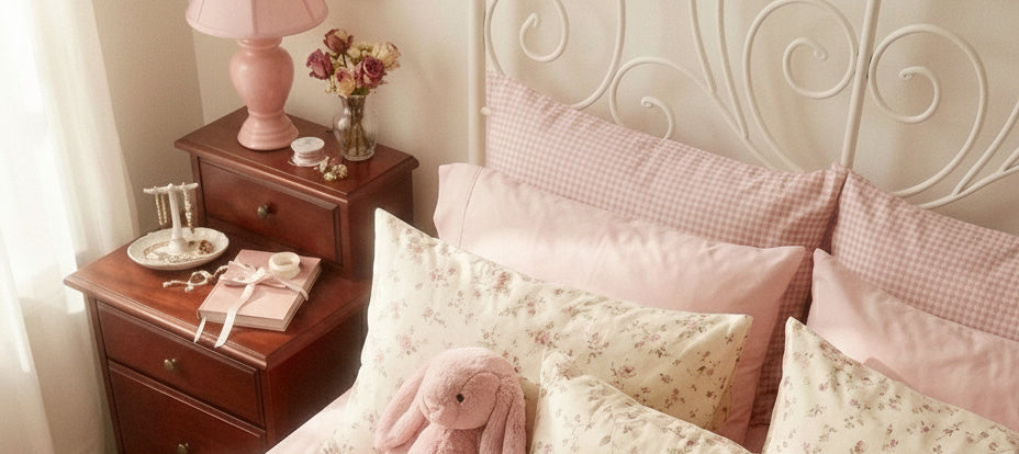 Bedroom scene with a bed and nightstand, featuring pink and white decor.
