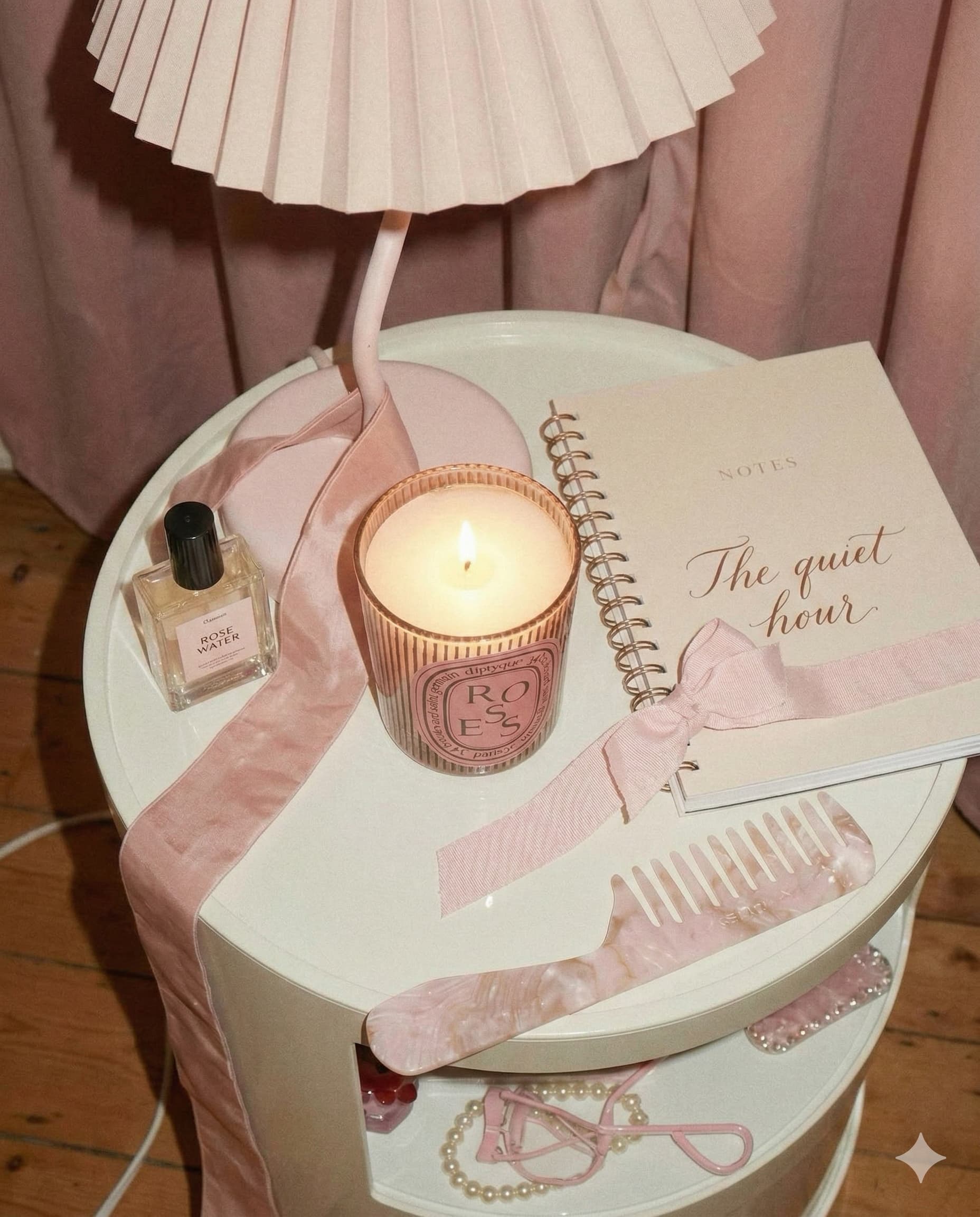 Small round table with a candle, notebook, perfume bottle, and other decorative items on a wooden floor.