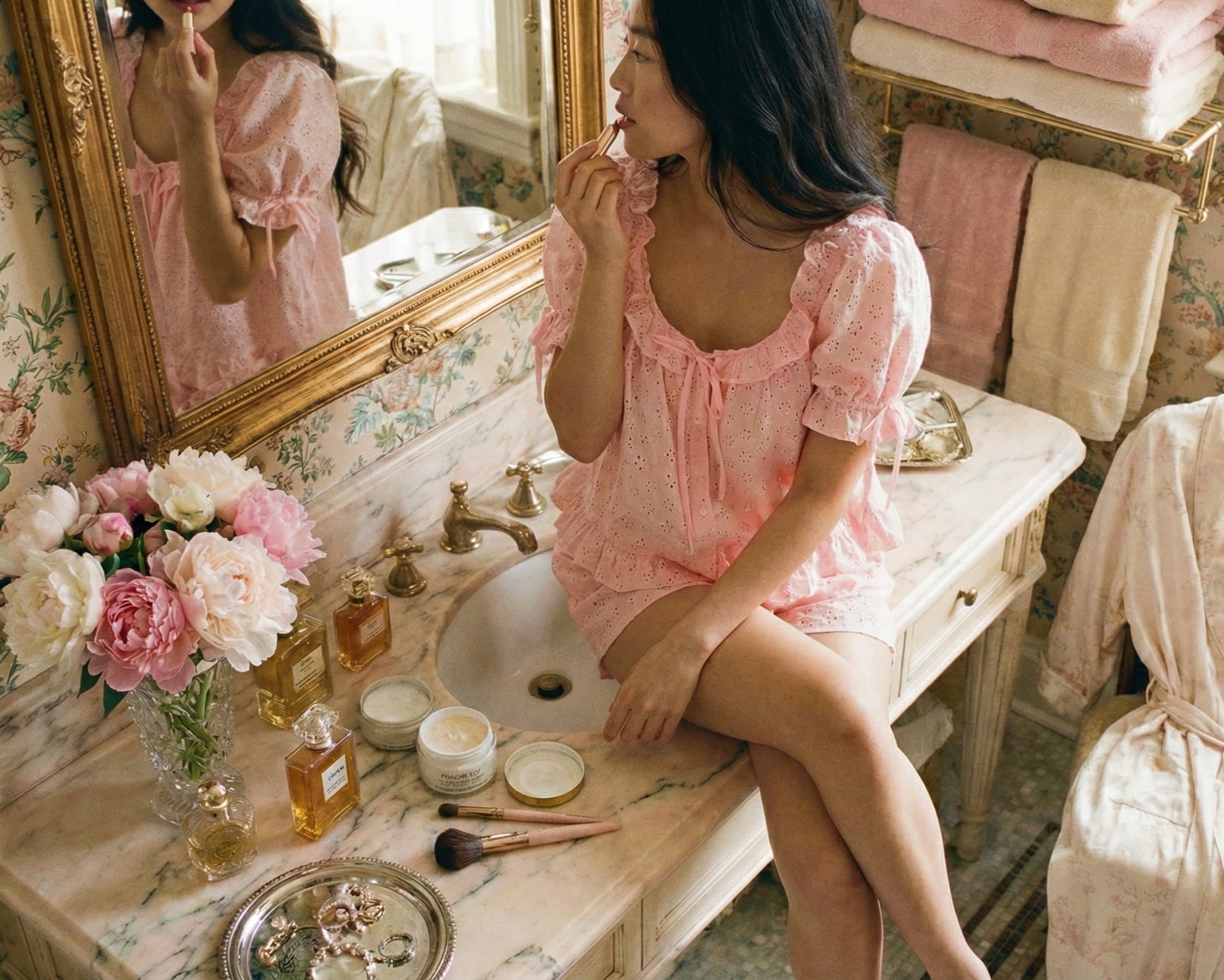 Woman in pink paded pajamas applying makeup in a vintage-style bathroom.