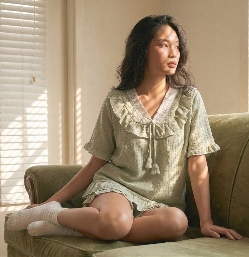 woman wearing a cute green pajama set