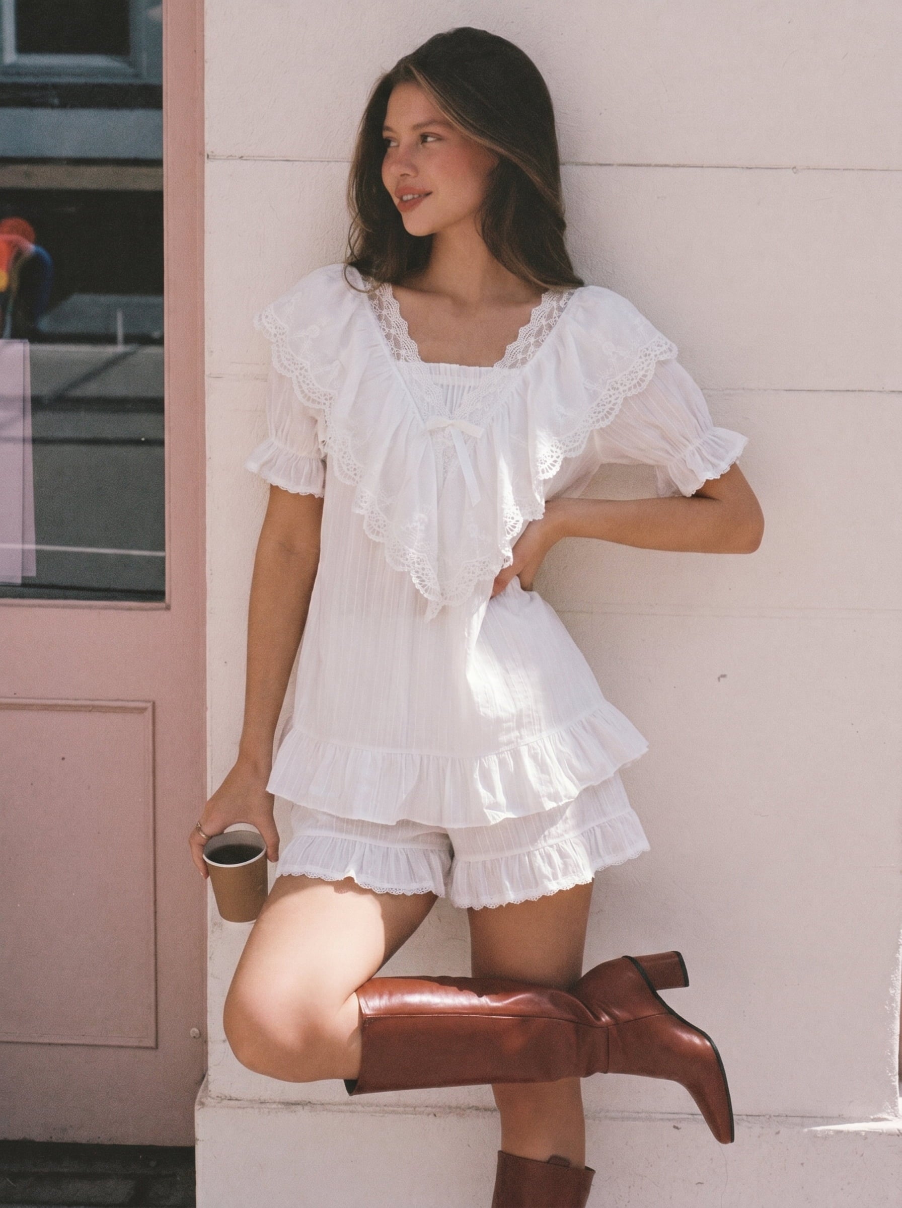 woman in white pajama set with a cup of coffee

